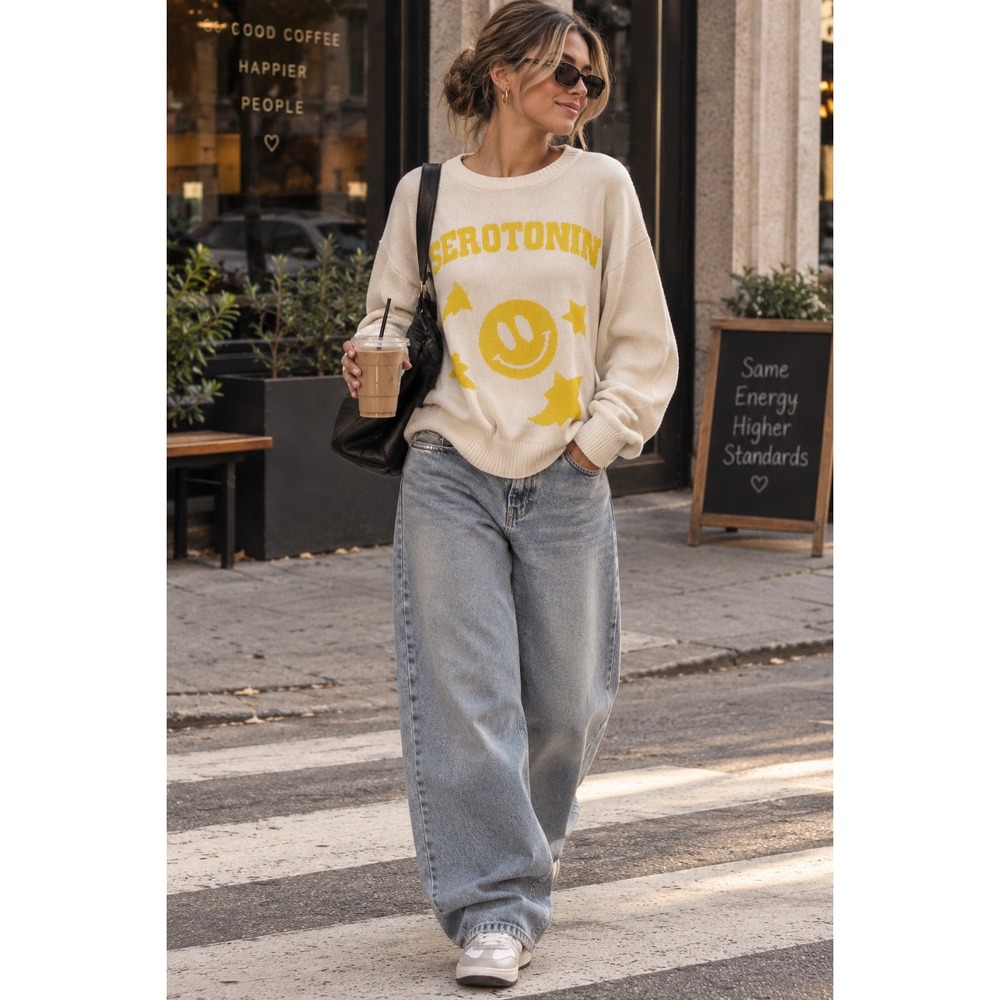 PacSun Serotonin Smiley Face Star Knit Sweater Cream Yellow Large
